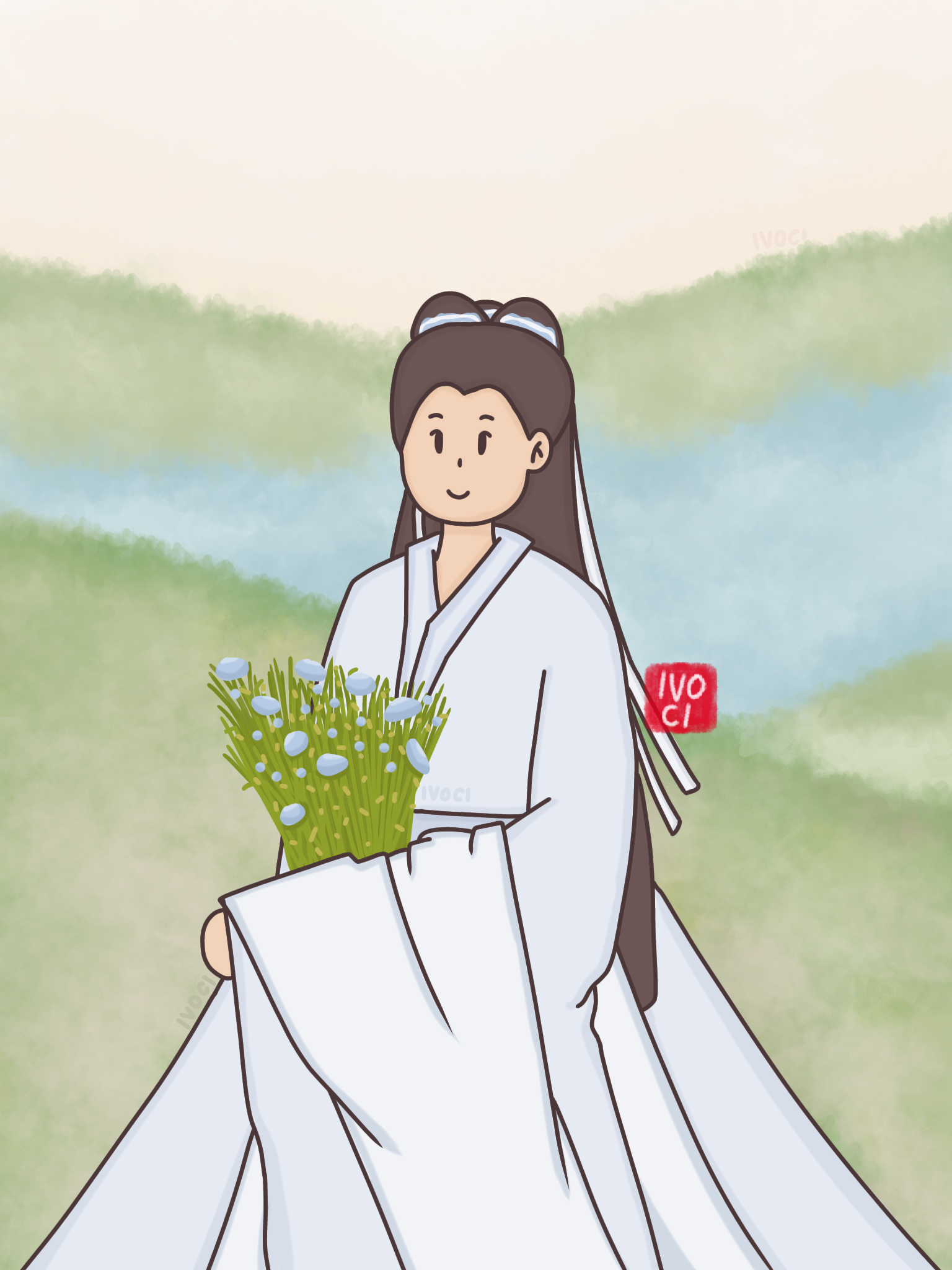 ivoci - Chinese Hanfu Girl Flower Illustration - 1